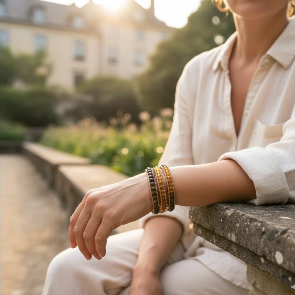 Victoria Emerson Gold Leather Beaded Sparkly Wrap Bracelet